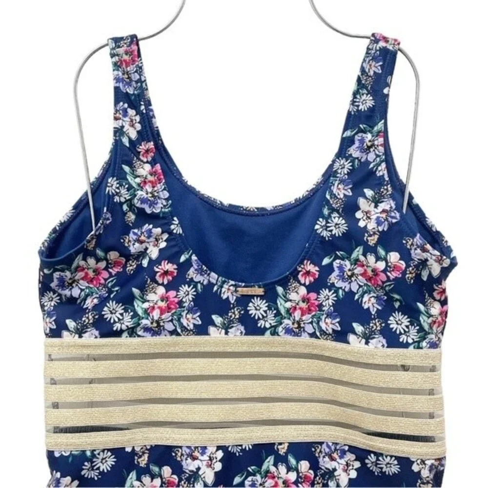 Nicole Miller Navy Floral Shimmer-Band One-Piece Swimsuit Women’s Size Large